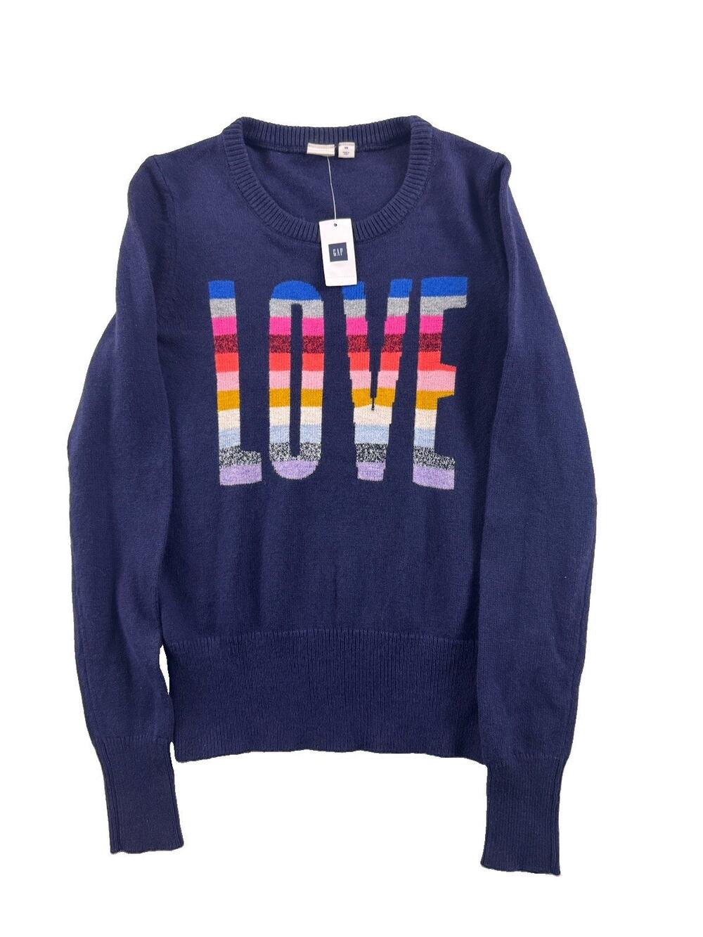 NWT Gap Women’s Navy Blue Crazy Stripe LOVE Crewneck Knit Sweater XS